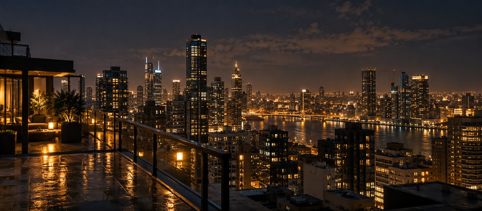 Brede nachtelijke stad vanaf een dak, generieke skyline, zonder borden