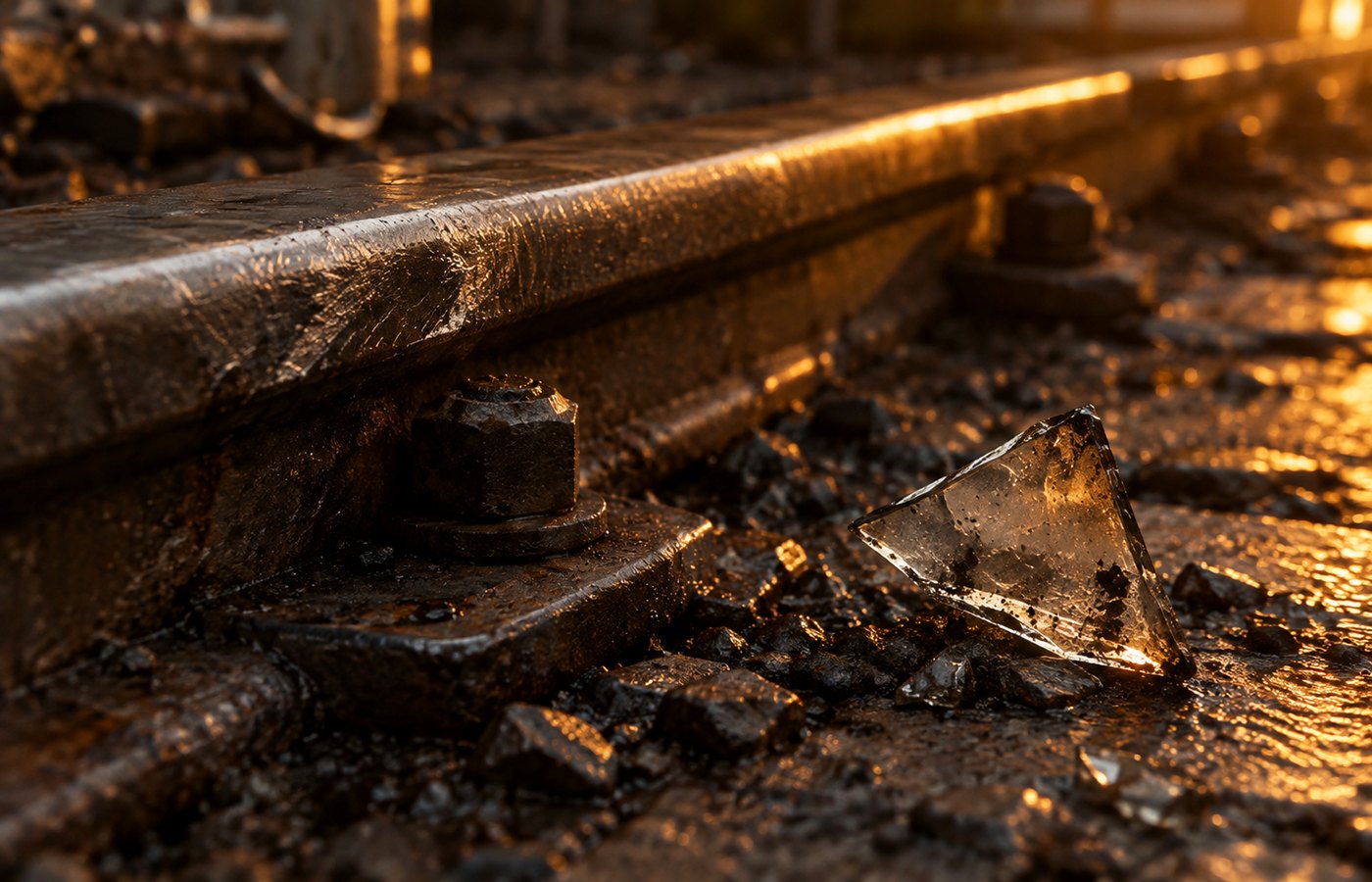 Close-up van een beschadigde stalen rail en een glasscherf, barnsteenrandlicht, zonder handen