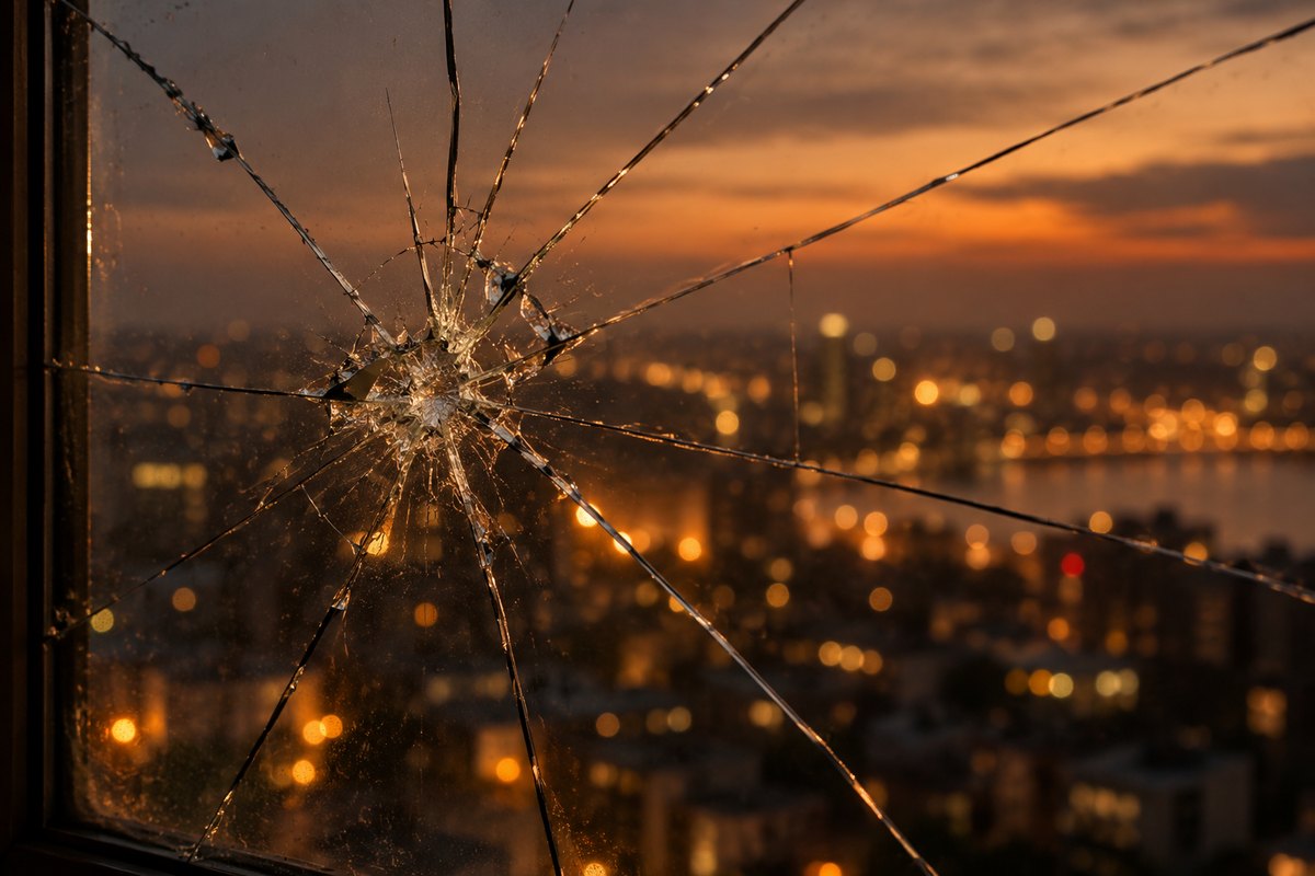 Gebarsten glasruit van binnen, stadsbokeh zonder herkenbare torens