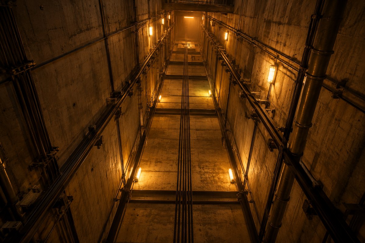 Lege verticale industriële schacht in donker staal, barnsteenstreep, zonder figuren