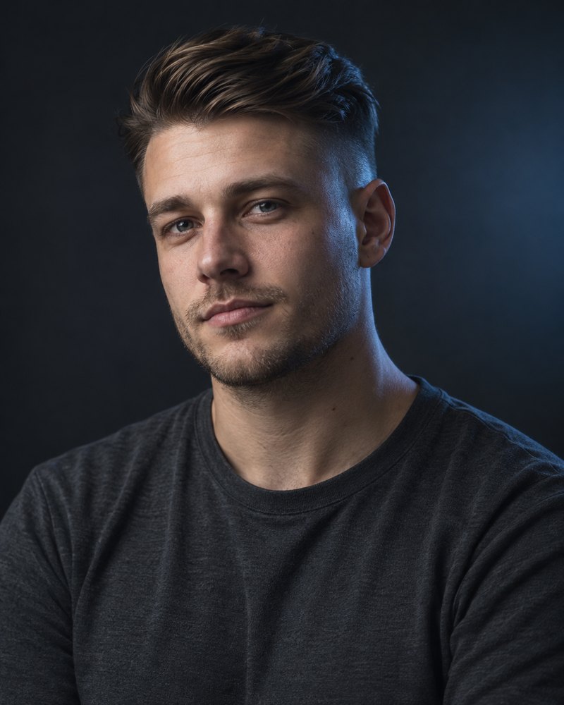 Teun Bakker, Nederlandse man van ongeveer zevenentwintig, undercut, effen antraciet shirt, staalblauw randlicht, zonder logo